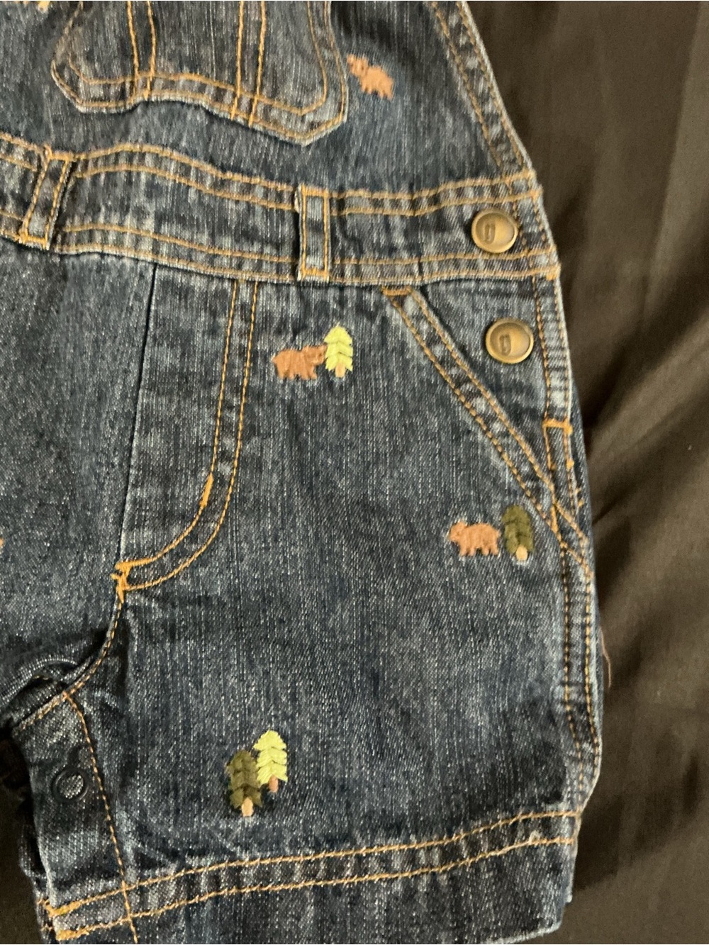 Children's Dark Blue Denim Short Overalls with Forest Embroidery - Picture 2 of 12